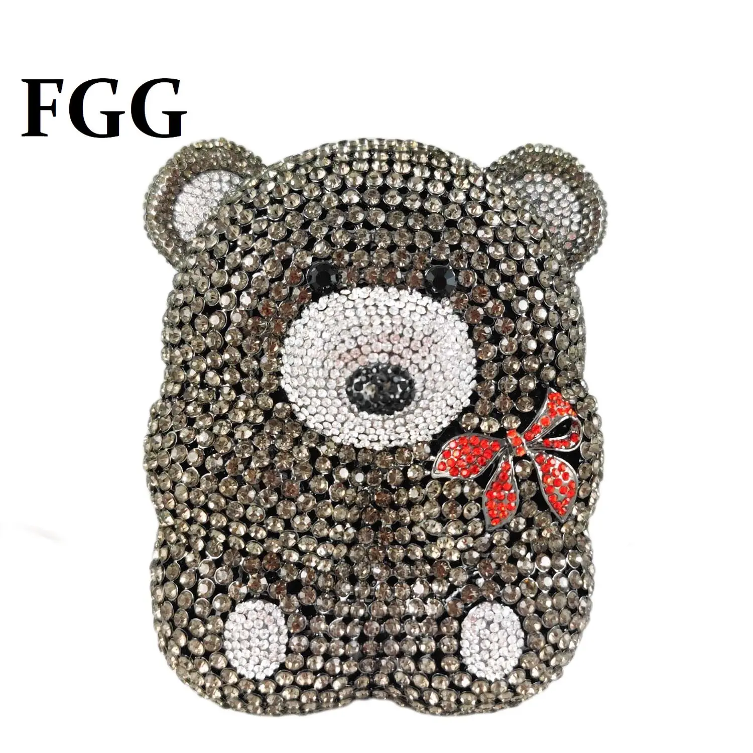 

Boutique De FGG Lovely Grey Teddy Clutch Women Bear Evening Bags and Clutches Party Dinner Cocktail Animal Rhinestone Bag