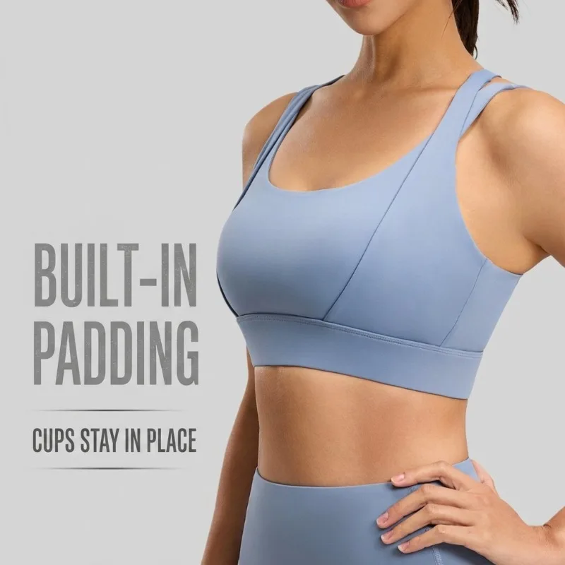 Stylish Back Design Women Double Strap High Intensity Yoga Vest Sport Three Rows Buckles Bra with Padded Built-in Bra Crop Top