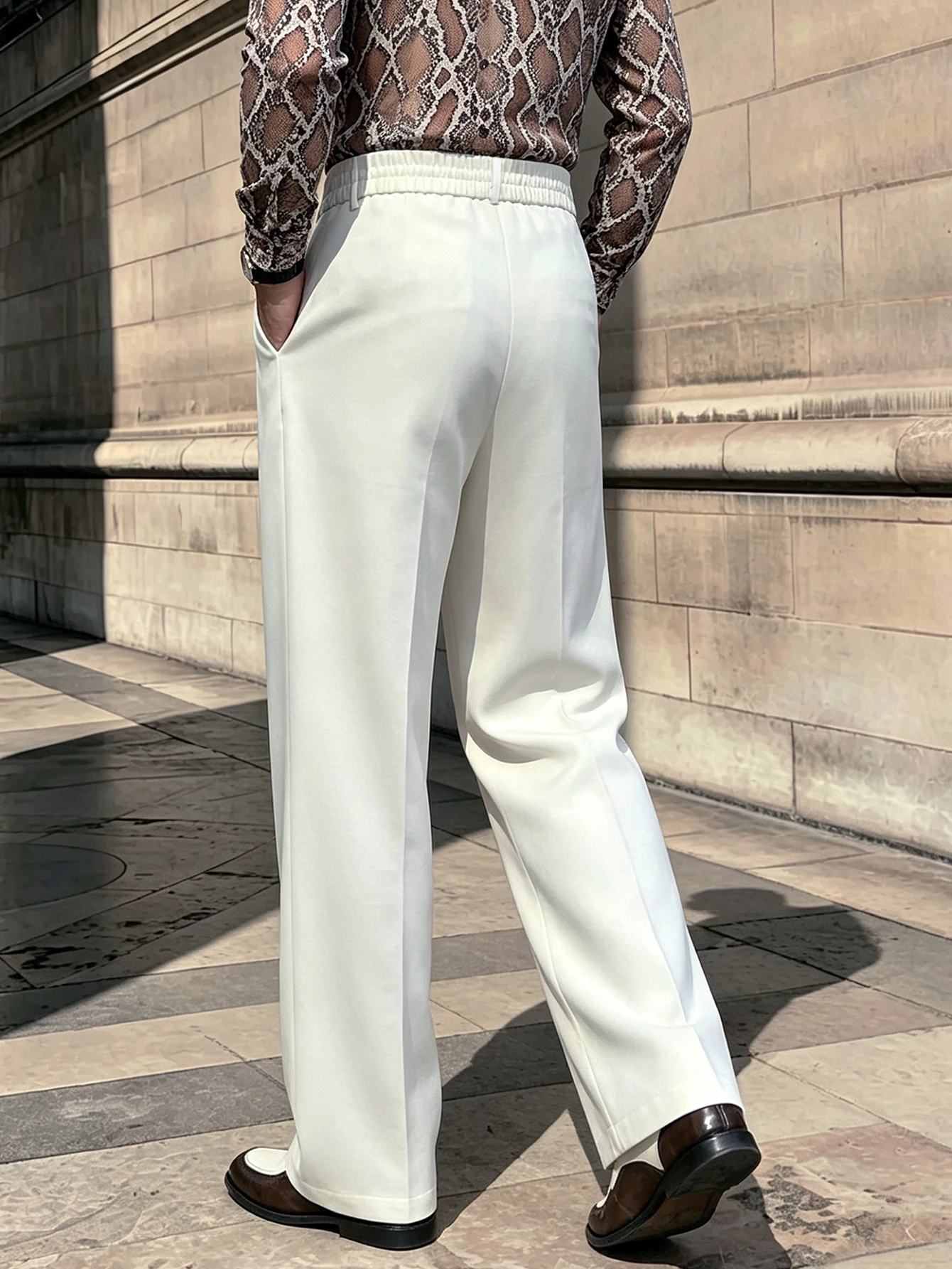 Men Spring Autumn Solid Color Woven Pleated Trousers, Button Accent Elastic Waist Straight Loose Leg, Nice Drape Wrinkle-Proof,