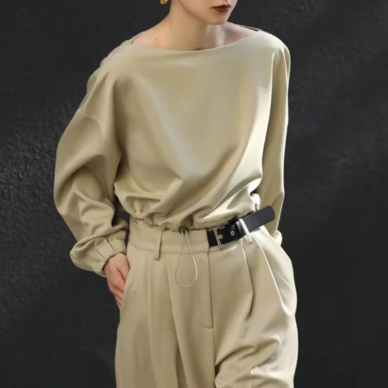 23 Spring Fashion Sense One-line Neck Slimming Drawstring Top Short Style Tucked Waist Sweatshirt