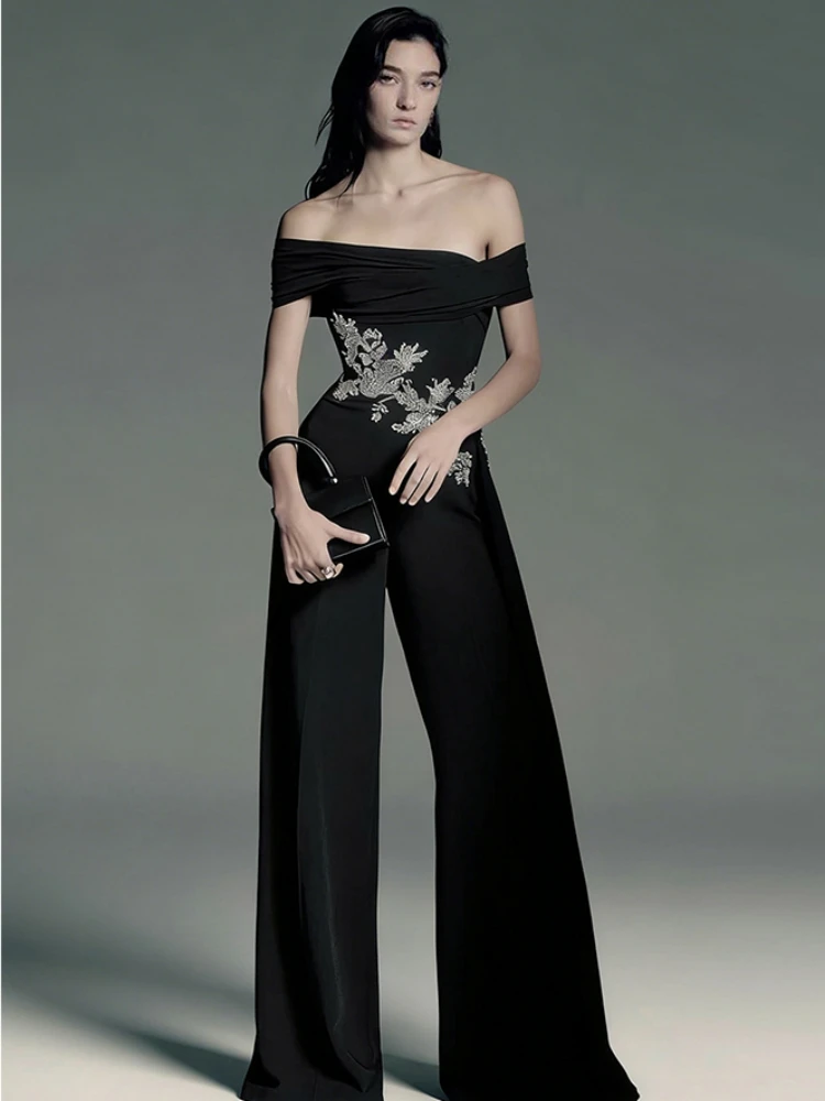 

Sexy Off The Shoulder Embellished Diamonds Jumpsuit Women Black Slash Neck Crystal Wide Leg Jumpsuit Evening Runway Party