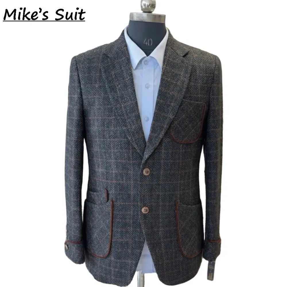 Gray Checked Wool Men Suit 2 Piece Jacket And Pants Man Suits Tuxedos For Business Wedding Groom
