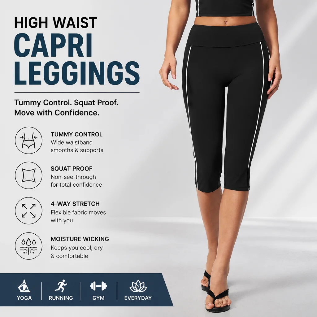 Women's High Waist Side Single Stripe Capri Leggings with Tummy Control Waistband Squat Proof Cropped Yoga Pants Workout Tights