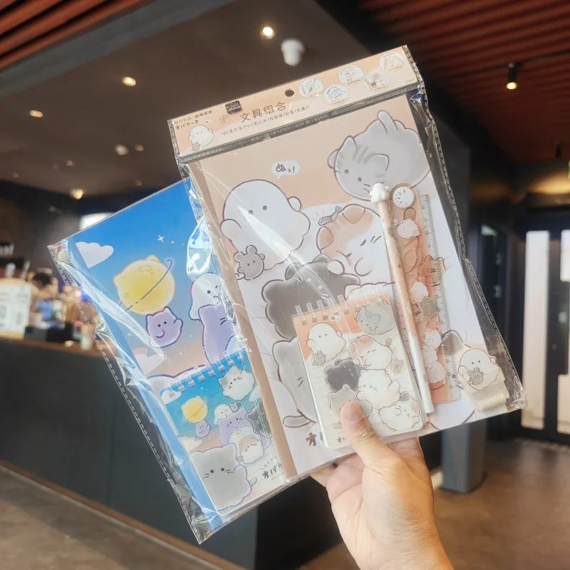 Cartoon Stationery Set Kawaii Cat Pattern Notebook Eraser Pencil Folding Ruler Stationery Supplies Great Students Prize Gifts