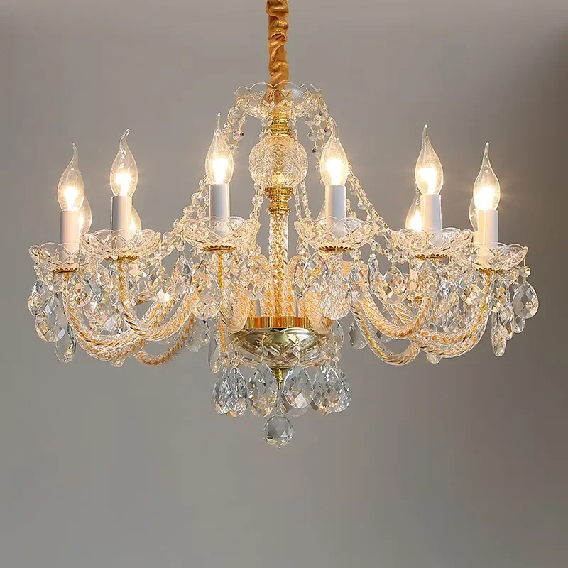 Golden American Metal Candle Ice Blue Crystal Chandelier, Pendant Lamp for Living Room Bedroom Restaurant Hotel