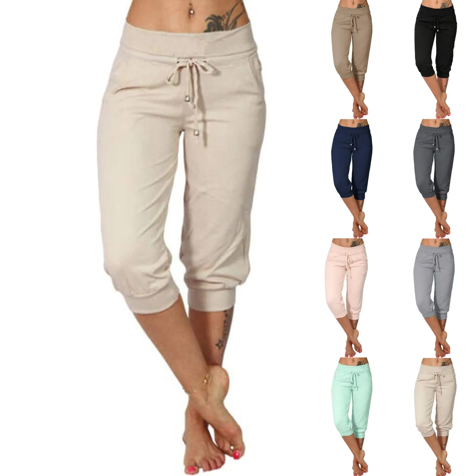 Classic Solid Color Jogging Pants Women Cotton Linen Capris Trousers Bandage Double Pocket Pants Summer Beach Vacation Wear