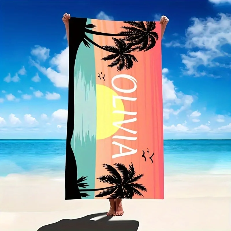 Beach Towel With Coconut Tree Ocean Landscape Design, Customized With Name, Quick-drying And Absorbent, Suitable For Beach