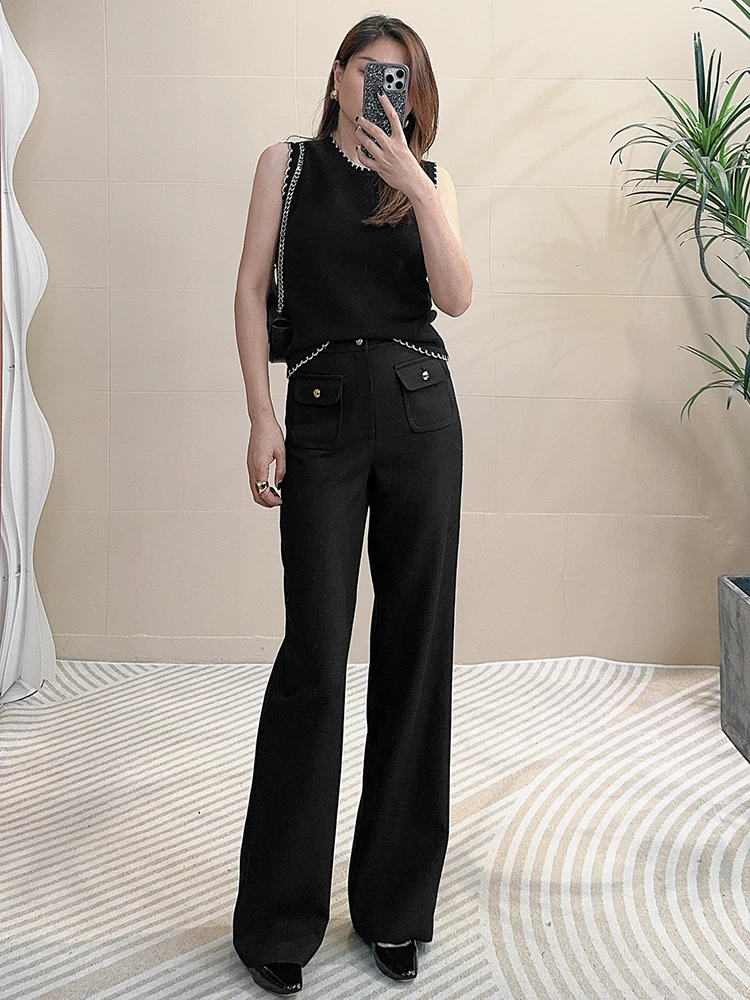 

Thiened Wool Blend Metal Chain High Waist Straight Leg Suit Pants for Women Autumn Winter Faion Ele Briti Sle