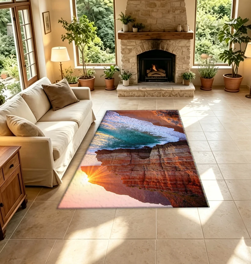 Sunset Rock Reef Coast Sea Waves Beach Carpet Floor Mat Seaside Natural Scenery Floor Carpet Suitable for Home Room Decoration