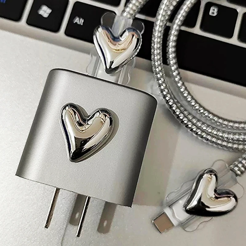 2024 Charger Cable Protector Cover For IPhone 15 14 13 12 18W 20W Charger Silver Heart Design Data Line Spiral Winder Protective