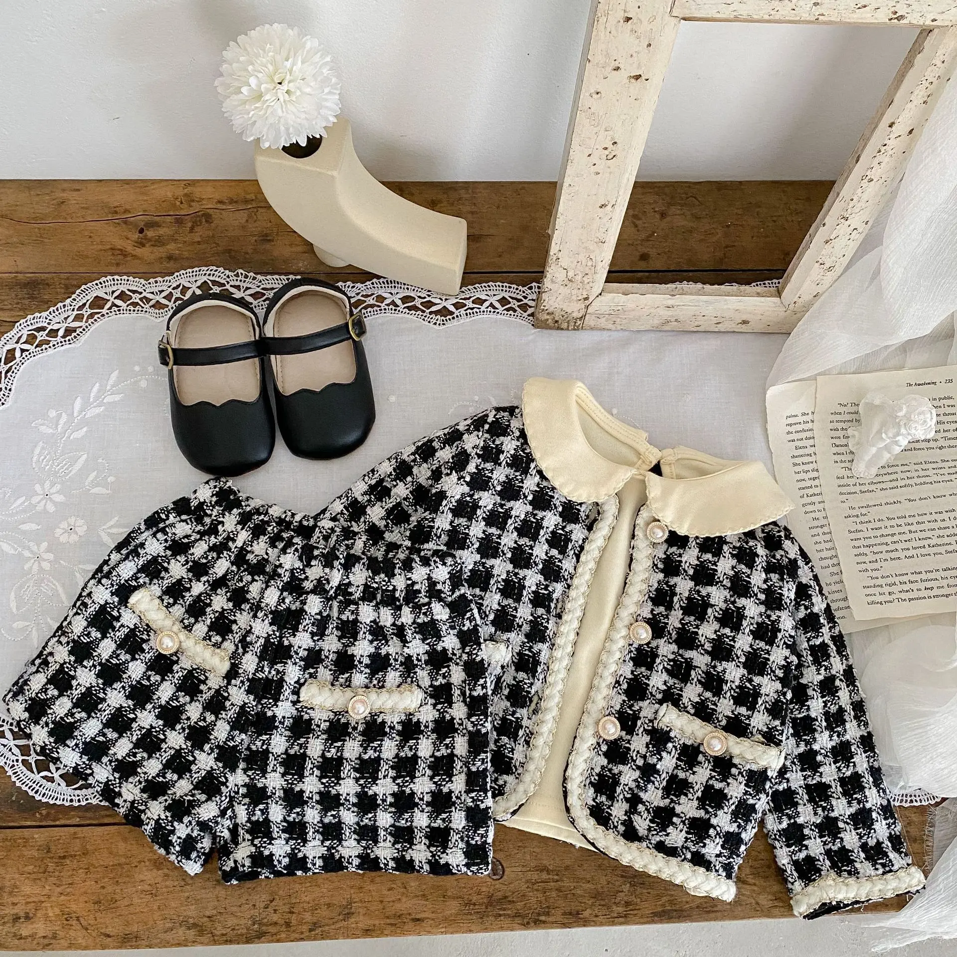 Girl Clothing Set 2023 Spring Baby Tweed Plaid Girl\'s Two Piece Suit Jacket+ Short Pants Sweet Girl\'s Suit