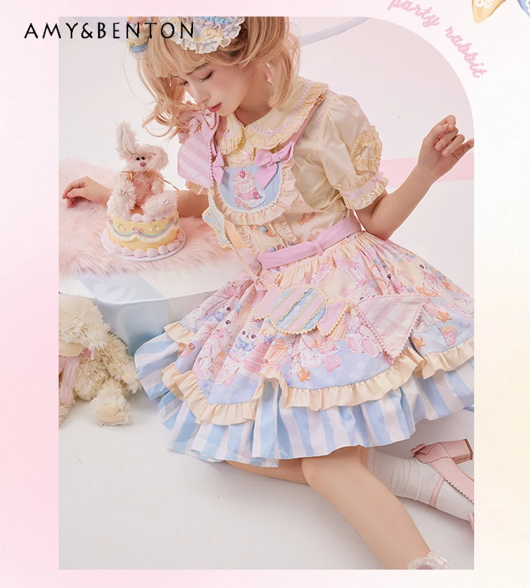 Vestidos de Lolita con estampado de dibujos animados para mujer, vestido de baile de niña dulce diario lindo, Mini vestido delgado de retazos con lazo Kawaii para fiesta de graduación