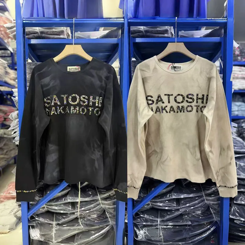 Streetwear Washed Gradient Satoshi Nakamoto Long Sleeve T-Shirts Rivet Rhinestone Decor Loose Casual Waffle Crew Neck Man Tops