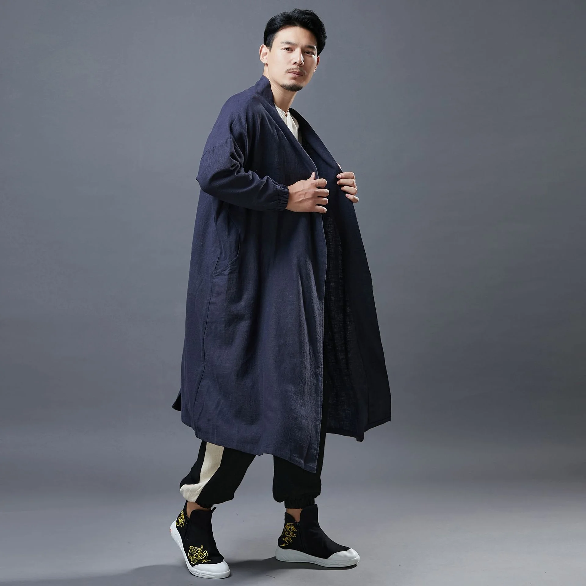 Chinese Traditional Dress Loose Long Trench Coat Casual Vintage Cardigan Men Clothing Oversized Coat Ethnic Hanfu Long Shirt