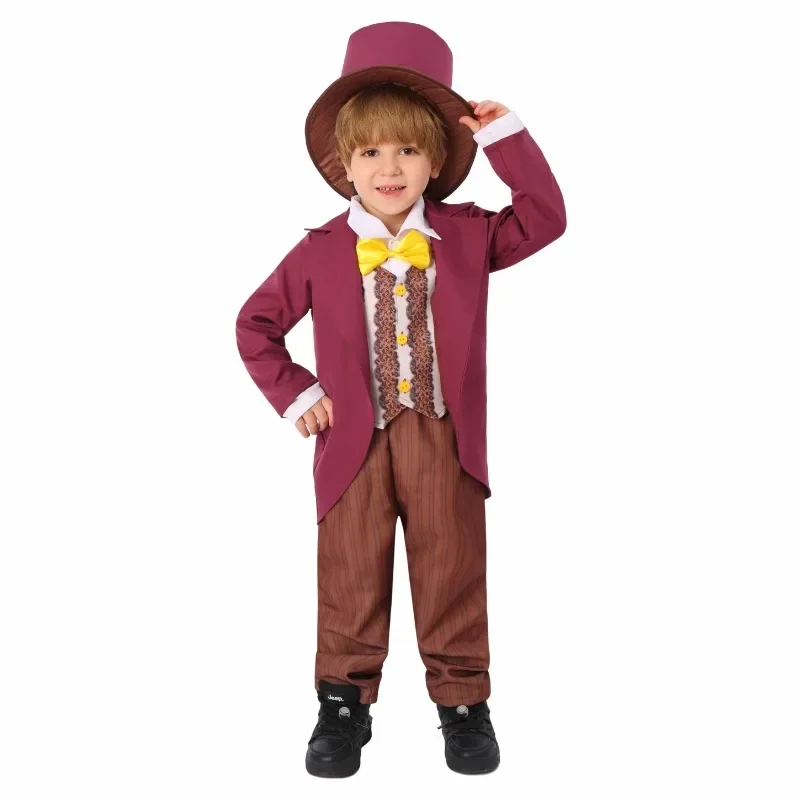 2025 NewMovie Willy Cosplay Fancy Chocolate Factory Costume Disguise Kids Boys Roleplay Outfit Men Haloween Carnival Party S AA