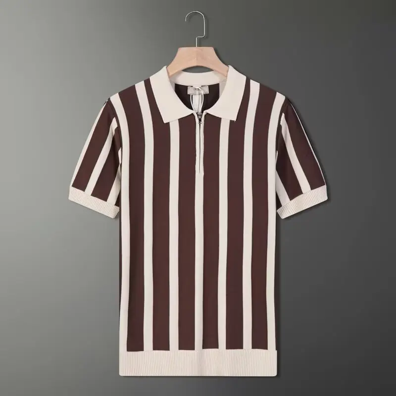 Summer Short Sleeve Shirt Korean Retro Striped Personality Zipper Half Sleeve Knitted Shirt Casual-Shirt Men'S Wear Z