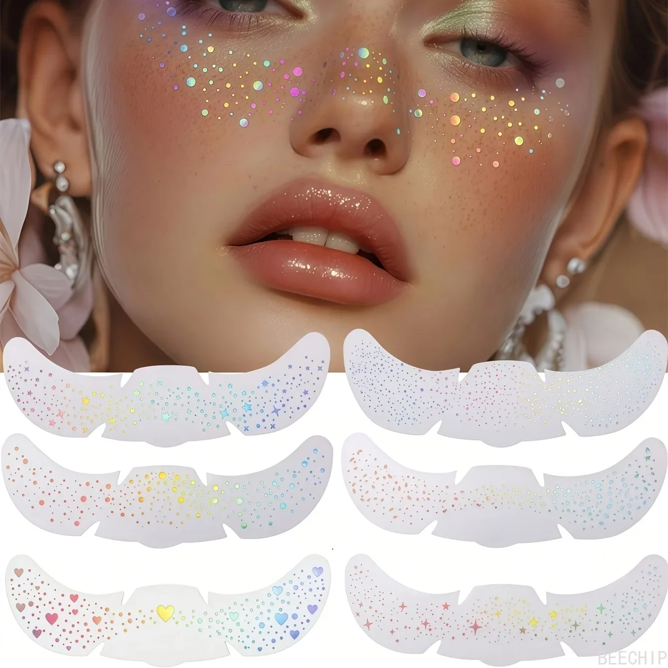 6 Sheets Glitter Freckles Holographic Stickers Heart Freckle Tattoos Glitter Stickers Waterproof Temp Tattoos For Party view 3