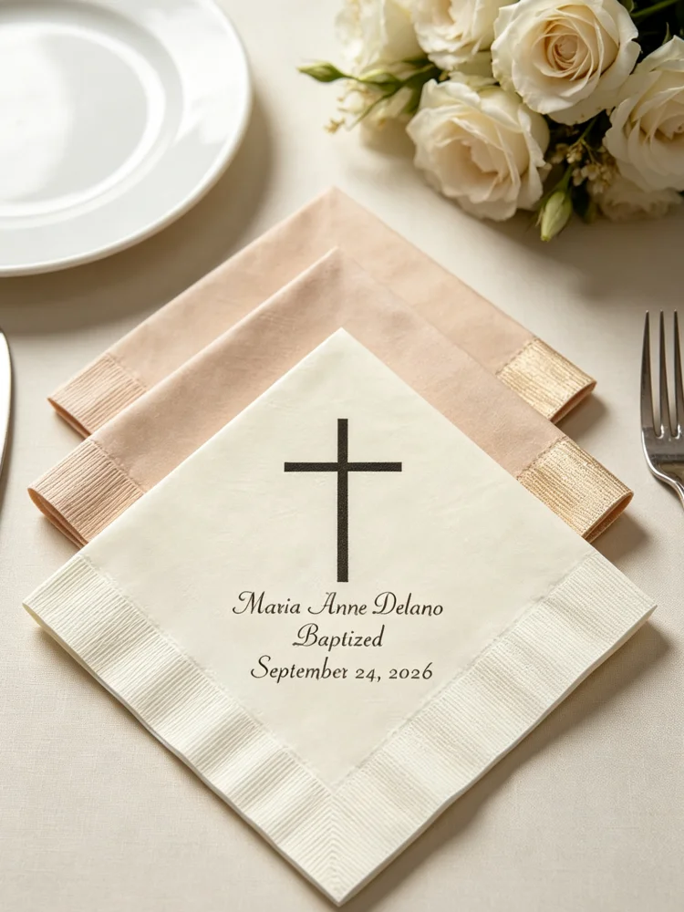 Custom Christian Cross Personalized Napkins Foil Printed Paper Cocktail Napkins Simple Cross Baptism First Communion Religious
