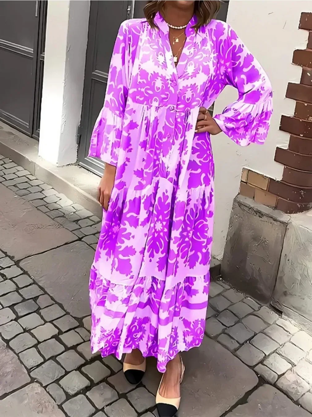 New Women's Fashionable Stand Up Collar Floral Print Flared Sleeves Long Dress Ladies Multi-color Printed Women's Casual Dress