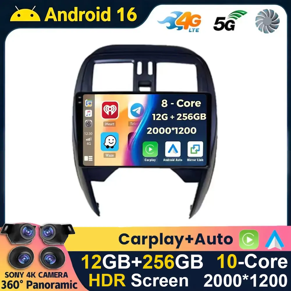 Android 16 Carplay For NISSAN Micra K13 March K13 2013-2017 Auto Radio Stereo Head Unit Multimedia Player WIFI GPS Navigation BT