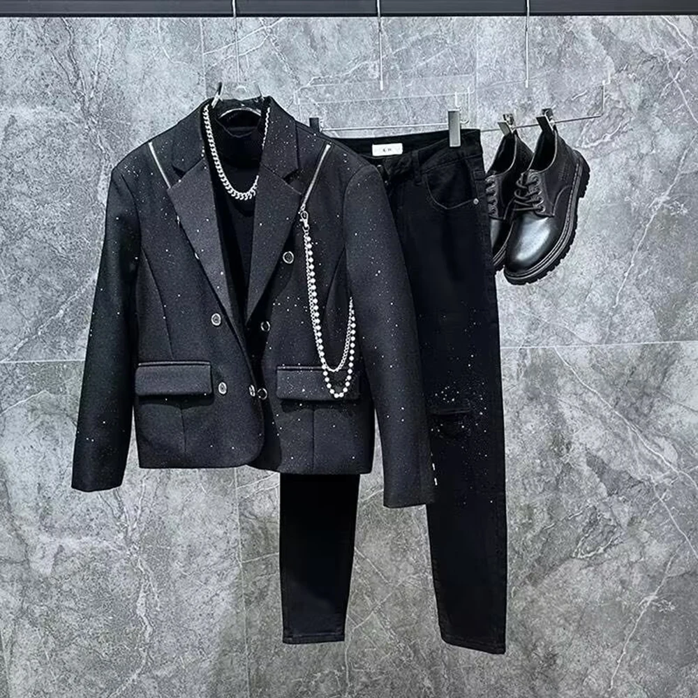 Mens Y2k Sequin Notch Lapel Jacket Streetwear Fashion Shiny Youth Trend Stage Nightclub Zipper Niche Design Outerwear 2026 New