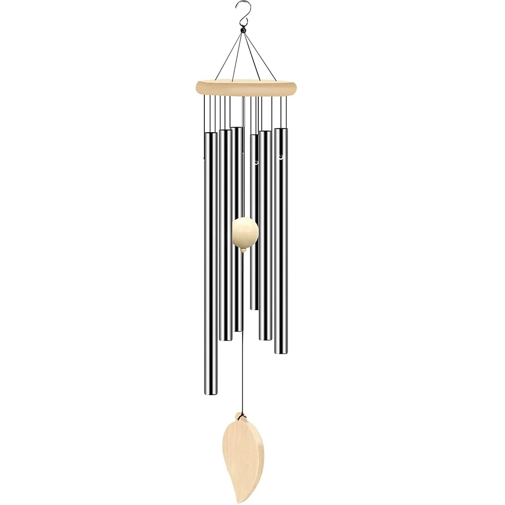 【STOCK】Wind Chimes Outdoor, Memorial Wind Chimes with Hook and 6 Tubes, Wooden Wind Chime Decor for Home, Garden, Patio,Silver