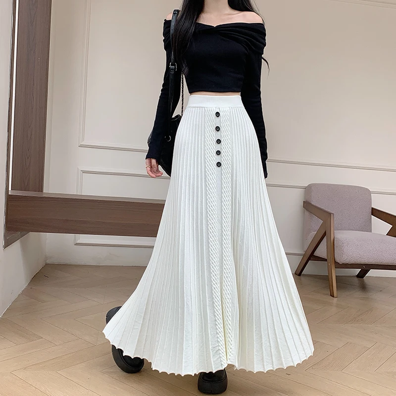 

Осень-зима вязаная плиссированная длинная юбка женские толстые теплые однобортные однобортные юбки с эластичной резинкой на талии рабочие вечерние юбки