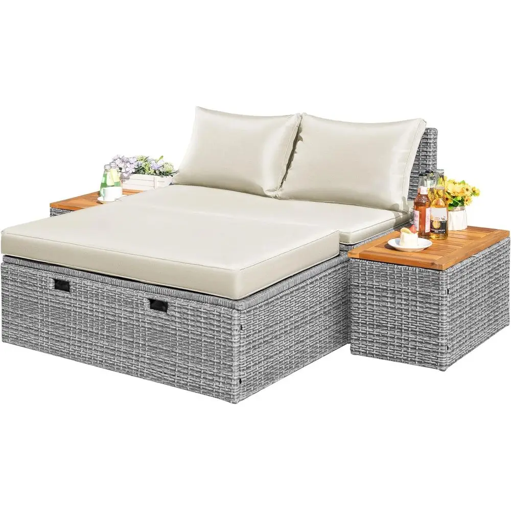Outdoor Rattan Daybed with 2 Side Tables, Multifunctional Wicker Patio Sofa with Storage Ottoman, Cushions, Sunbed Wicker Chaise
