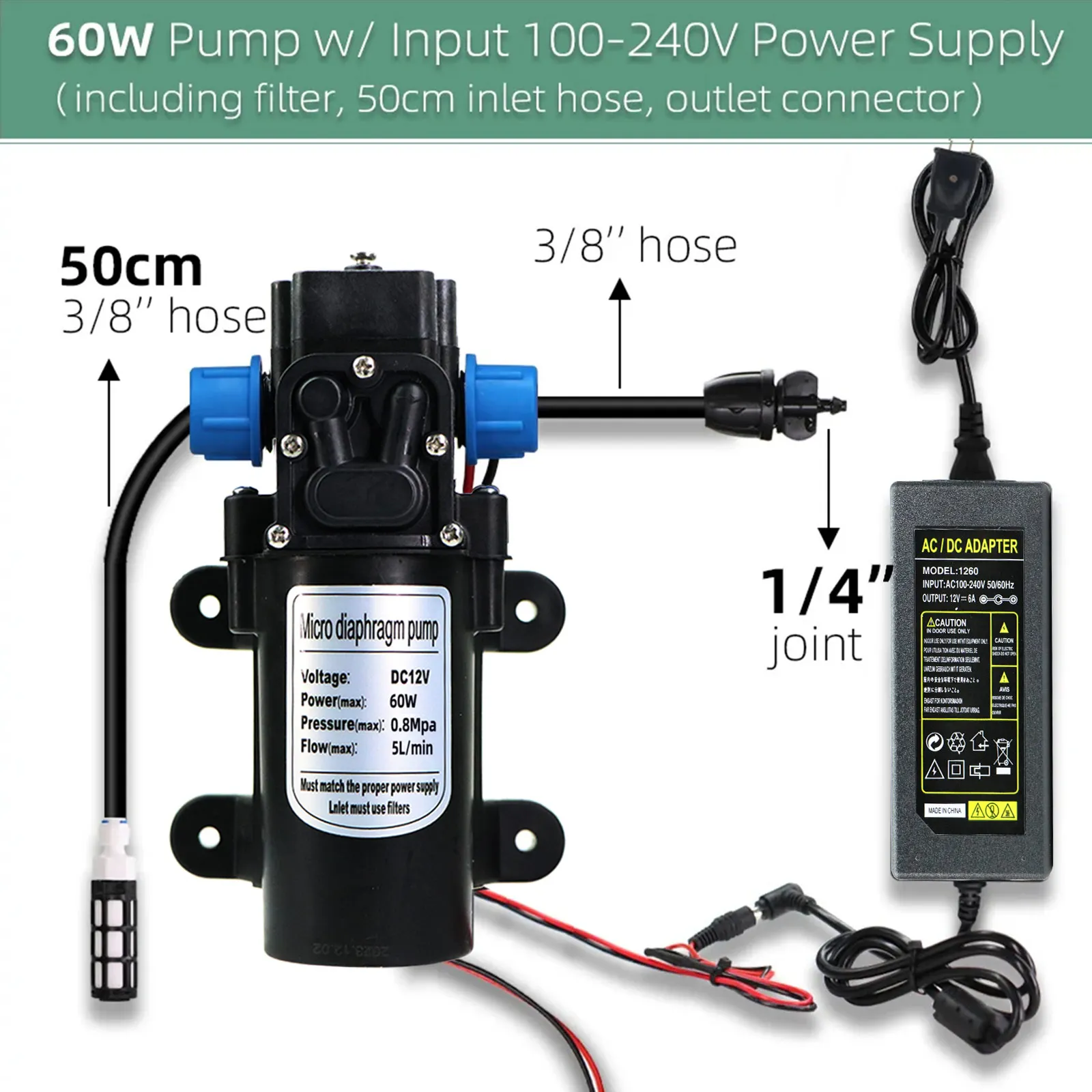 MUCIAKIE Efficient Garden Watering Hose Kit with 60W Self-Priming Pump, 110-240V Power Supply, and Versatile 8 Adjustable Drip