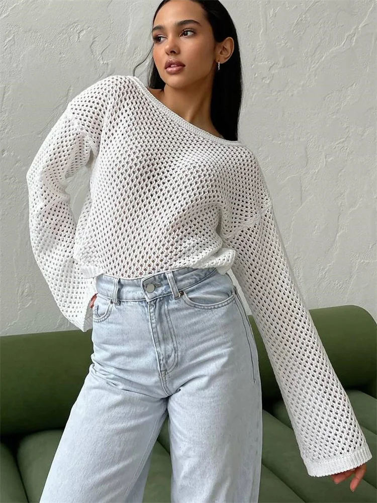 

Tossy White Knit Sweater Cover up Women's See-Through Summer Long Sleeve Loose Knitwear Casual Beach Holiday Female Cover up New