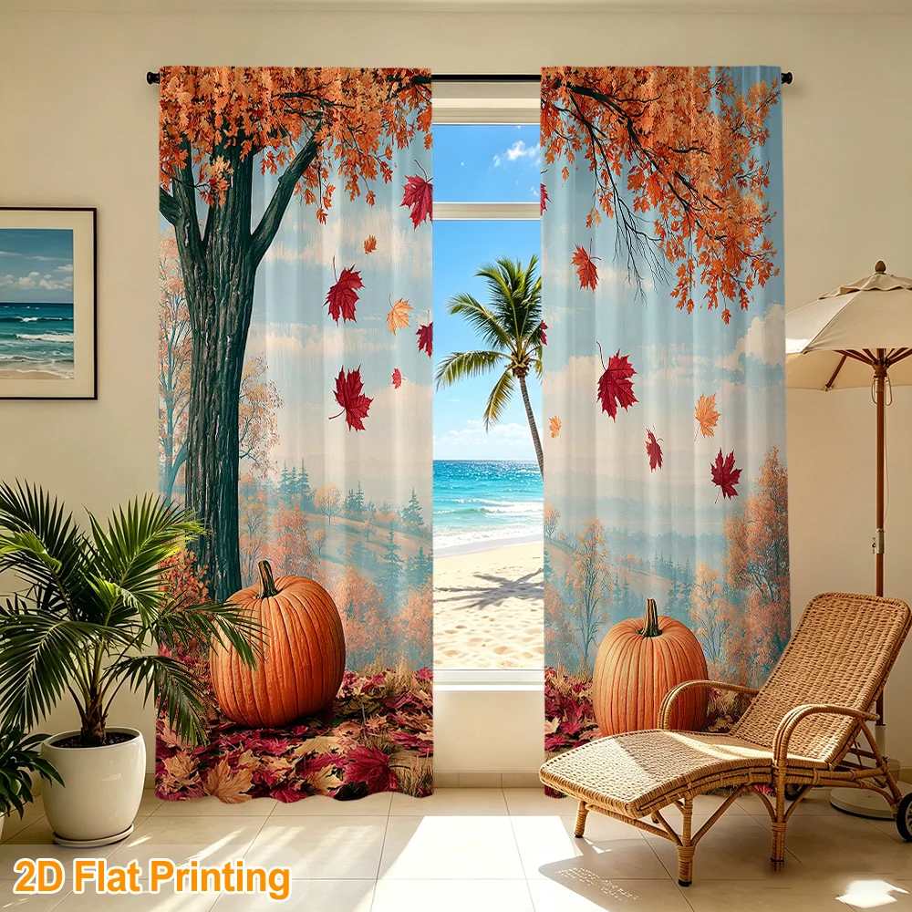 2PCS Digital Print Curtains Autumn Maple Pumpkin Beach Fall Rod Pocket