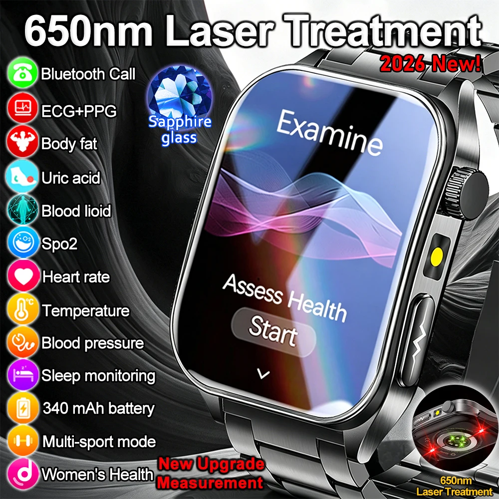 Nouvelle Montre Connectée 2026 pour Hommes et Femmes avec Mesure de la Tension Artérielle, Thérapie Laser 650nm, Diagnostic, Acide Urique, Lipides et Fréquence Cardiaque, Compatible iOS