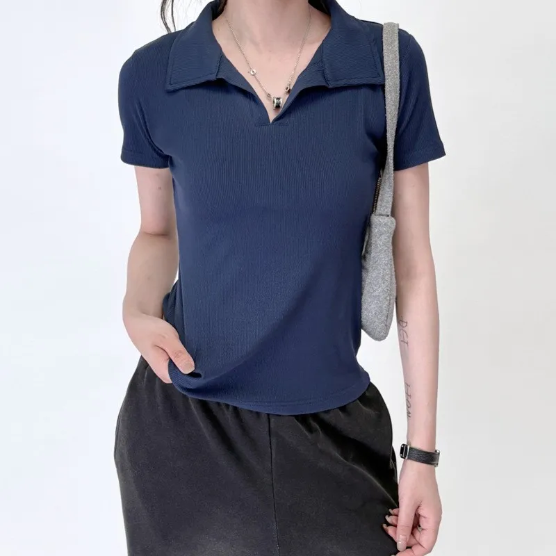 

V-neck women's short sleeved T-shirt slim fit cotton Polo shirt casual lapel thread design summer fashion top y2k ropa t-shirts