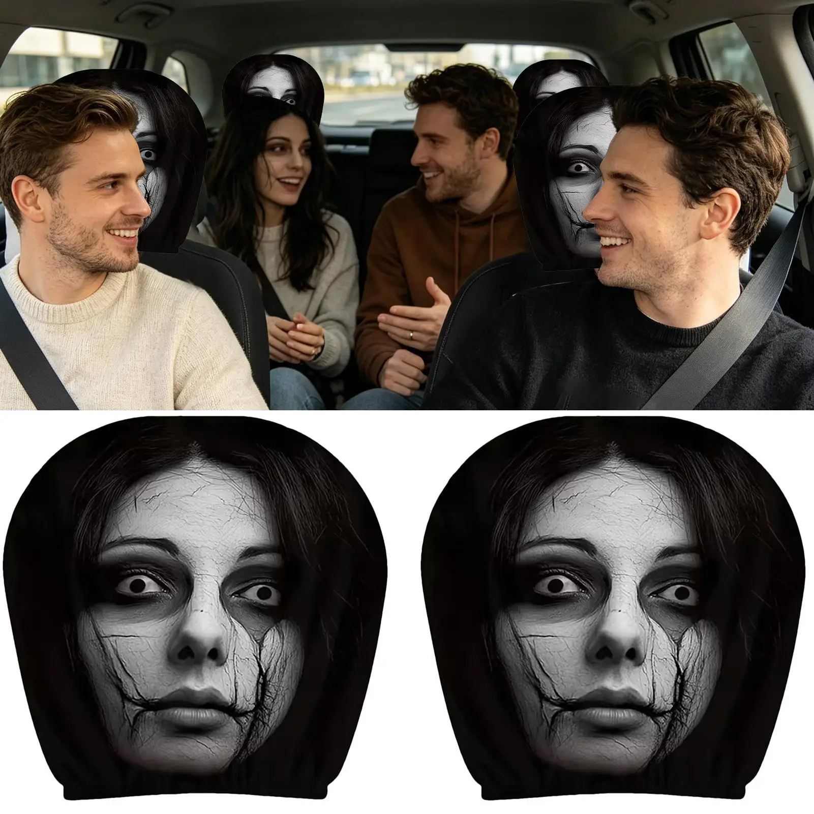 2pcs 25cm Ghost Face Car Headrest Covers Horror Stretchy Elastic Universal Fit For SUV Truck Van Car Interior Halloween Decor