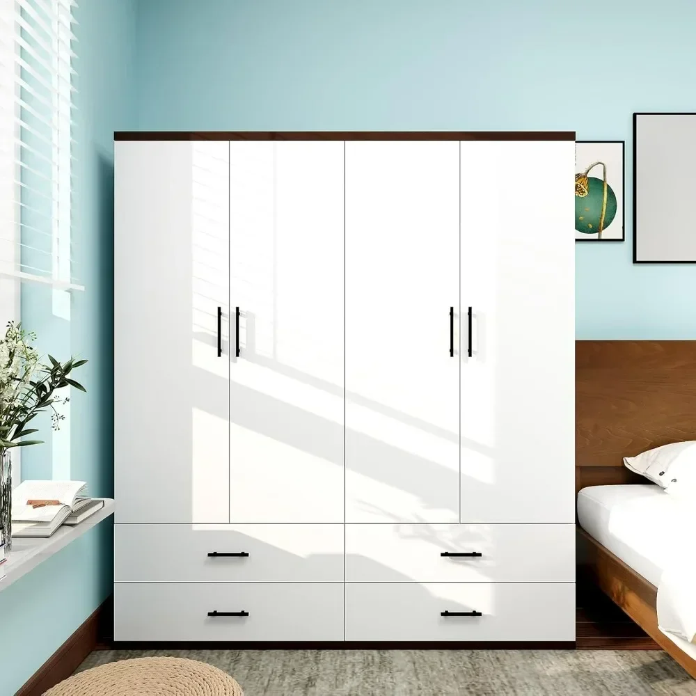 

71 inch tall wooden wardrobe with 4 doors, 4 drawers, 2 bedroom hangers and shelves, white inch high