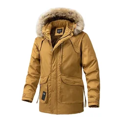 Winter Mens Jacket Solid Color Fur Collar Mid Length Parkas High-quality Cashmere Thicken Warm Windproof Jackets Men Winter Coat