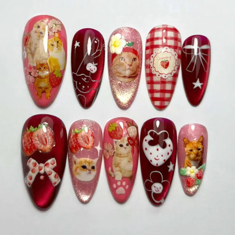 

24pcs Almond Press-On Nails with Cat-Eye Stripes Strawberry Garden Cat-Themed Full-Coverage Nail Tips Removable Wearable Nail