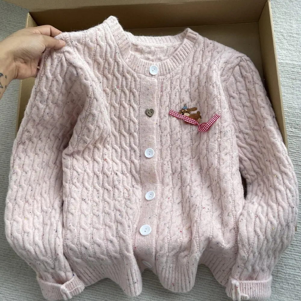 

Colorful Cartoon Embroidered Sweater Autumn Korean Thread Soft Knit Cardigan Sweet College Style Bow Round Neck Jacket For Women