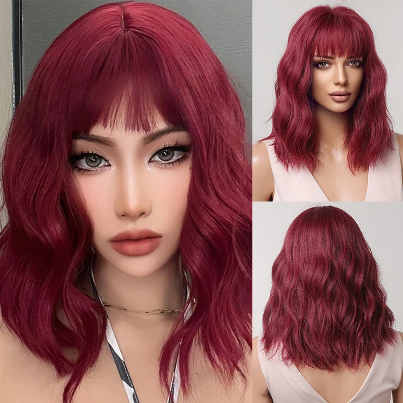 Women‘s Short Bob Synthetic Wigs Wine Red Cosplay Wig With Bangs Body Wave Natural Hair Party Lolita Wig Heat Resistant Fiber