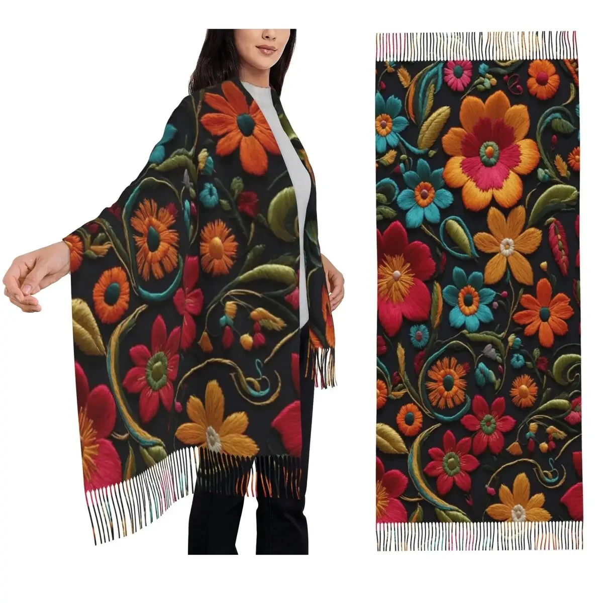 Customization Mexican Vintage Flroal Rebozos Mexicanos Scarf Tassel Scarves Women Soft Warm Shawls And Wraps Large Fall Winter S