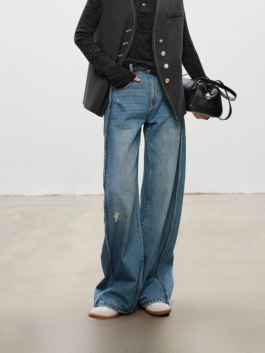 

Синие хлопковые джинсы с высокой талией, женские джинсы из чистого хлопка с завязками, осень-зима, новые широкие брюки, повседневные удобные