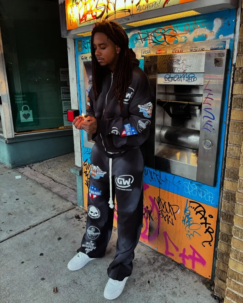 เสื้อฮู้ดดี้สไตล์โกธิคพังก์ร็อกทรงหลวมลายการ์ตูนอเมริกันย้อนยุค Y2K ดีไซน์สร้างสรรค์ทันสมัยสำหรับผู้ชาย