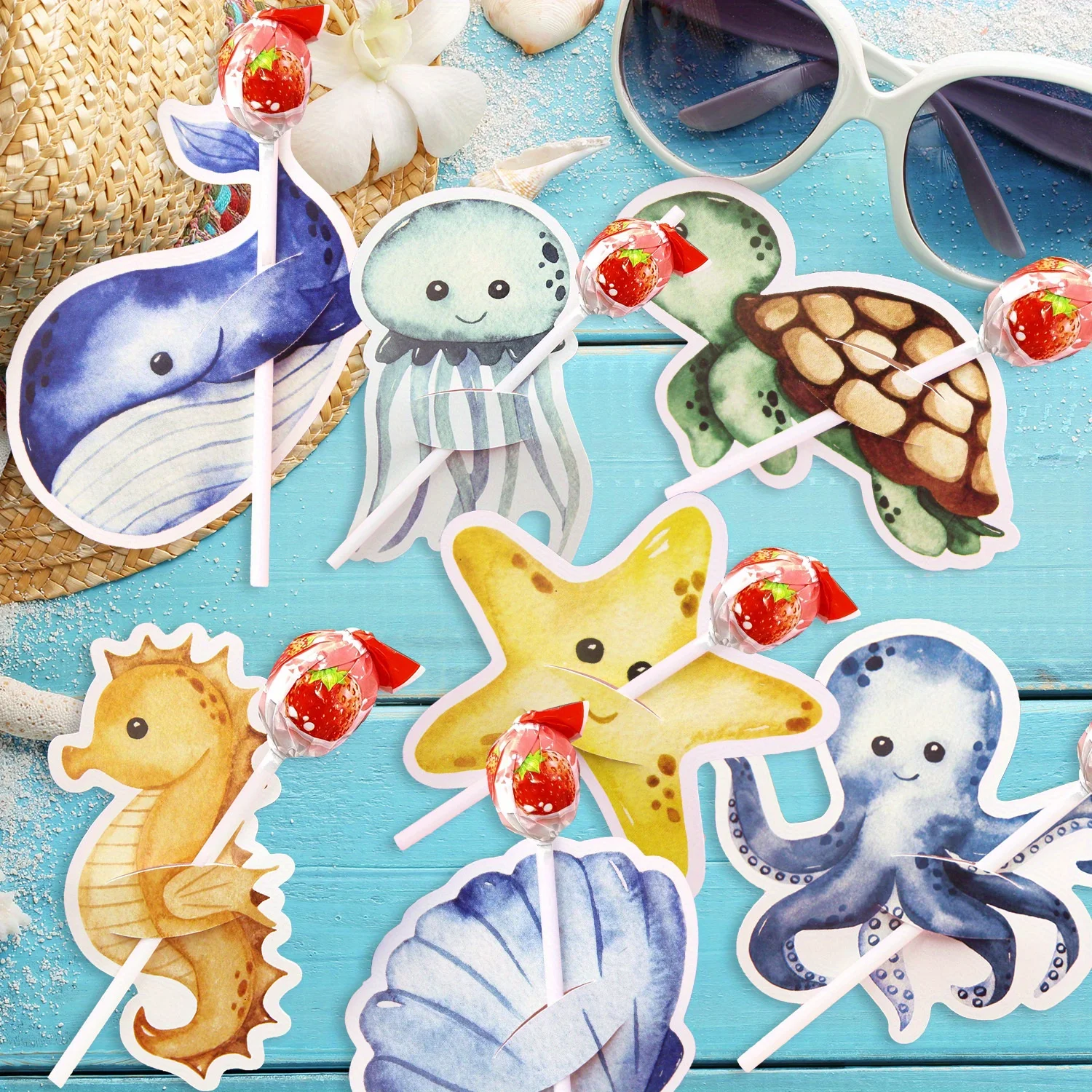 48 قطعة من بطاقات المصاصة المعبأة على شكل حيوانات البحر الكرتونية تحت حلوى حيوانات البحر (مع التعبئة والتغليف) لديكور حفلات أعياد الميلاد