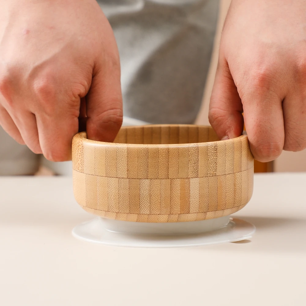 Juego de vajilla de madera para alimentación de bebé, vajilla de silicona sin BPA para niños, plato de oso, arco para niños, tazón de bambú con succión, 3 uds.