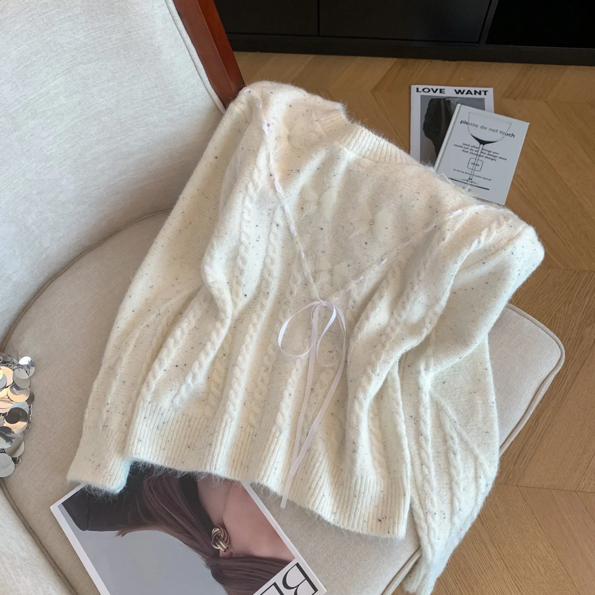 المرأة الضوء الأزرق البلوز سترة Y2k خمر 2000s البلوز متماسكة طويلة الأكمام س الرقبة فراشة سترة للنساء الخريف الشتاء #3