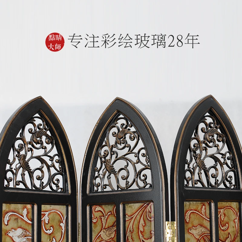 Furniture for small-sized apartments  Flower and bird screen, four-piece screen, stained glass , hollow screen, church style