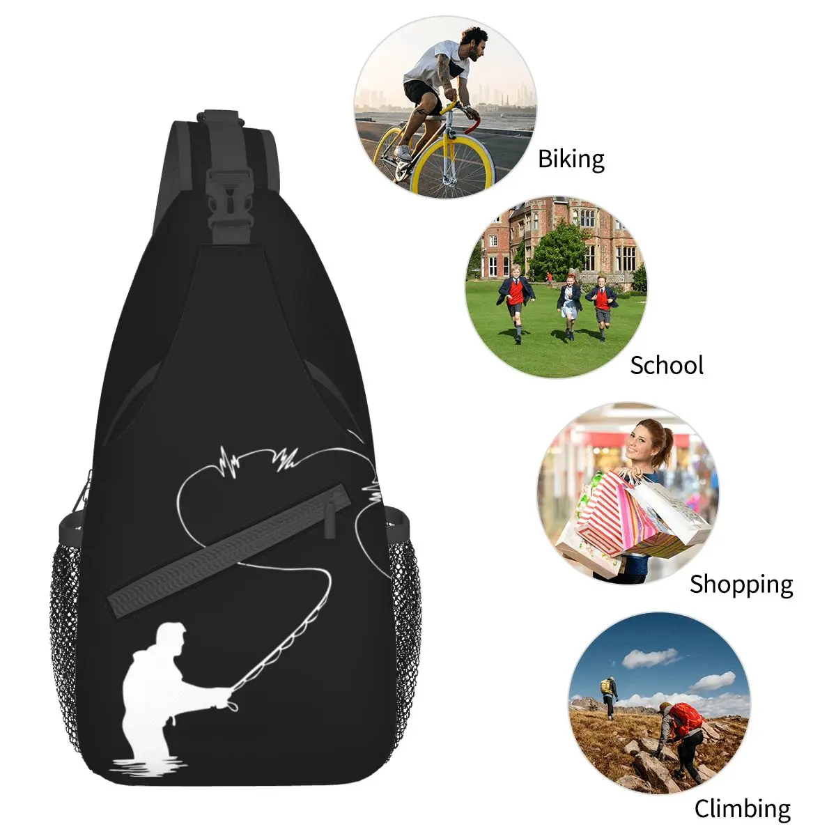 Fly Fishing Heartbeat Sling Bags Chest Crossbody Shoulder Sling Backpack Outdoor Sports Daypacks Cool Fly Fisherman Printed Pack