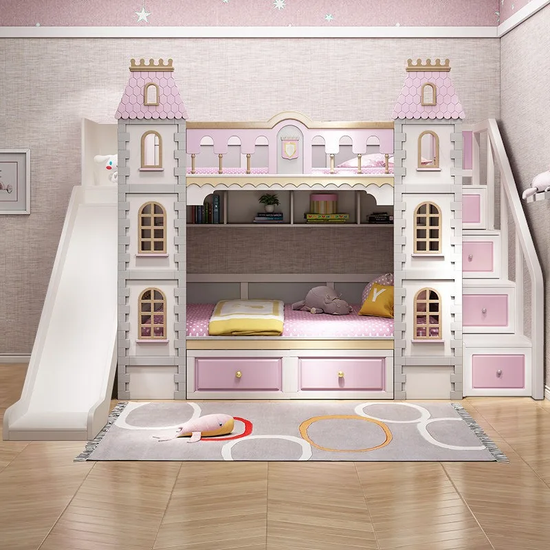Frozen Full Solid Wood Children's Up and Down Bunk Bed High and Low Bed Two Floors Princess Dream Castle Slide Villa