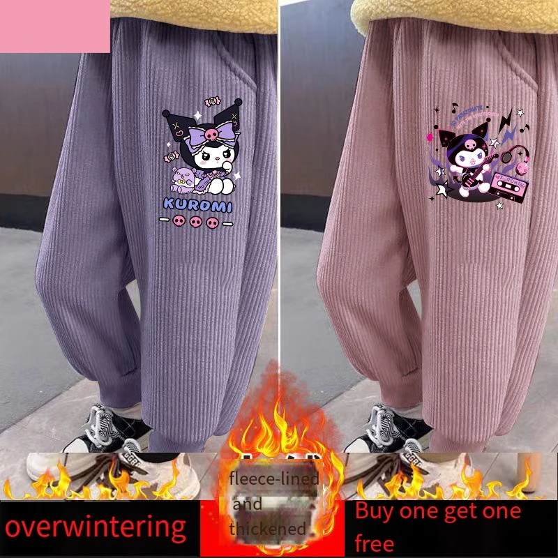 Sanrios Sweatpants Kuromi New Thicken Child Autumn Winter Corduroy Pants Girl Kawaii Cartoon Velvet Sweatpants Wear Outside