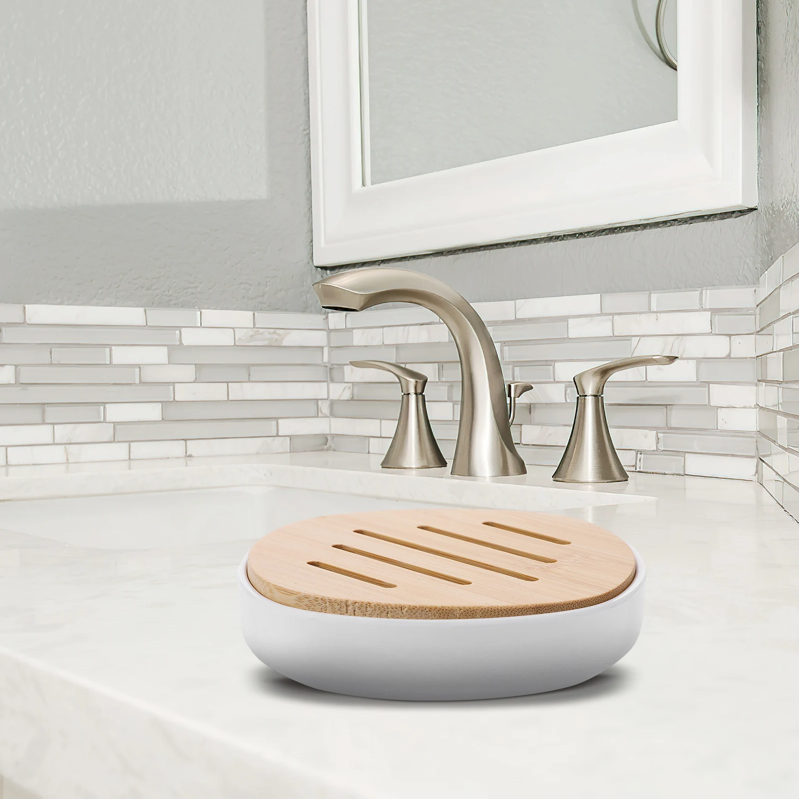 

No Punching Bamboo Soap Dish Tray Holder for Shower Wall with Drainage Bathroom Dishes